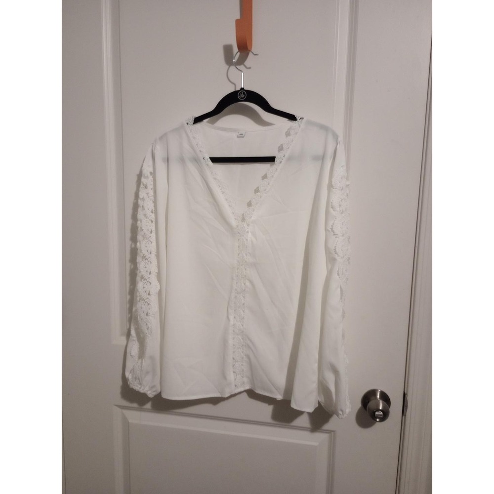 Women’s XXL White Blouse Floral Lace Sleeve V Neck Boho Romantic Long Sleeve Top